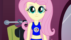 Size: 1680x956 | Tagged: safe, fluttershy, equestria girls, g4, baseball, belly button, dressup, female, flash game, front view, mlb, smiling, solo, sports, toronto blue jays