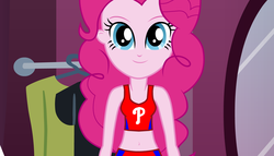 Size: 1680x958 | Tagged: safe, pinkie pie, equestria girls, g4, baseball, dressup, female, flash game, front view, mlb, philadelphia phillies, solo, sports