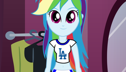 Size: 1680x958 | Tagged: safe, rainbow dash, equestria girls, g4, baseball, dressup, female, flash game, front view, los angeles dodgers, mlb, solo, sports