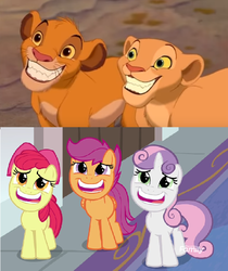 Size: 624x744 | Tagged: safe, apple bloom, scootaloo, sweetie belle, g4, marks for effort, comparison, cutie mark crusaders, grin, nala, simba, smiling, the lion king