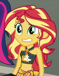 Size: 540x699 | Tagged: safe, screencap, sunset shimmer, equestria girls, g4, my little pony equestria girls: better together, x marks the spot, animated, belly button, bikini, clothes, confused, cropped, female, gif, solo focus, swimsuit