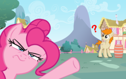 Size: 1200x750 | Tagged: safe, artist:pizzamovies, pinkie pie, oc, oc:pizzamovies, earth pony, pony, g4, barrel, confused, female, male, mare, pointing, ponyville, question mark