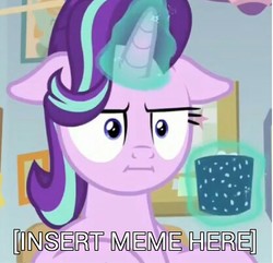 Size: 1024x986 | Tagged: safe, edit, edited screencap, screencap, starlight glimmer, pony, g4, marks for effort, :i, chocolate, cropped, cup, empathy cocoa, female, floppy ears, food, glowing horn, horn, hot chocolate, i mean i see, image macro, levitation, magic, marshmallow, meme, needs more jpeg, solo, telekinesis