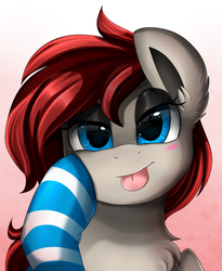 Size: 1446x1764 | Tagged: safe, artist:pridark, oc, oc only, oc:ponepony, pony, chest fluff, clothes, commission, cute, female, looking at you, mare, socks, solo, stockings, striped socks, thigh highs, tongue out