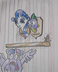 Size: 507x627 | Tagged: safe, artist:hillbe, discord, rarity, spike, twilight sparkle, alicorn, draconequus, dragon, pony, unicorn, g4, big eyes, dark comedy, dead, decapitated, female, frown, horrified, hunting trophy, lidded eyes, lined paper, male, mare, mounted head, open mouth, peace sign, plaque, severed head, ship:sparity, shipping, shocked, smiling, smirk, spread wings, squishy cheeks, straight, stuffed, taxidermy, traditional art, twilight sparkle (alicorn), wide eyes, wings