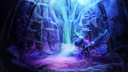 Size: 3840x2160 | Tagged: safe, artist:vanillaghosties, princess luna, alicorn, pony, g4, color porn, digital art, dream, dream walker luna, dreamscape, female, flying, high res, mare, painting, scenery, scenery porn, solo, spread wings, technically advanced, wallpaper, water, waterfall, wings