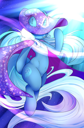 Size: 2500x3800 | Tagged: safe, artist:madacon, trixie, pony, unicorn, g4, belly button, bipedal, cape, clothes, covering eyes, female, floating, glowing horn, hat, high res, horn, magic, mare, solo, trixie's cape, trixie's hat