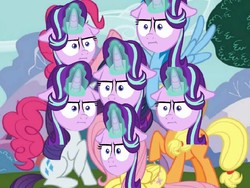 Size: 640x480 | Tagged: safe, edit, applejack, fluttershy, pinkie pie, rainbow dash, rarity, starlight glimmer, twilight sparkle, pony, g4, marks for effort, face swap, female, floppy ears, glowing horn, head swap, horn, i mean i see, mane six, mane six opening poses, mare, meme