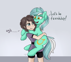 Size: 1227x1063 | Tagged: safe, artist:haruhi-il, lyra heartstrings, human, pony, unicorn, g4, carrying, clothes, duo, engrish, female, holding a pony, humie, mare, simple background, that pony sure does love humans