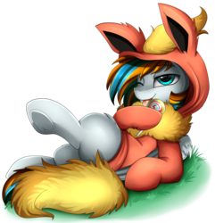 Size: 2204x2290 | Tagged: safe, artist:pridark, oc, oc only, flareon, candy, clothes, commission, food, high res, hoodie, lollipop, male, pokémon, simple background, solo, stallion, tongue out, transparent background, underhoof