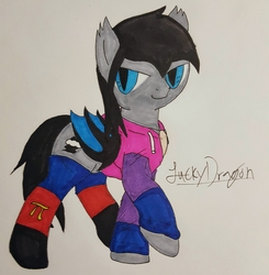 Size: 2660x2714 | Tagged: safe, artist:lucky dragon, oc, oc only, oc:dark water, bat pony, bat pony oc, bisexual pride flag, bisexuality, clothes, high res, hoodie, jewelry, male, necklace, polyamory pride flag, pride, pride month, signature, simple background, socks, stallion, traditional art