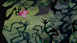 Size: 1280x720 | Tagged: safe, screencap, pinkie pie, earth pony, pony, g4, too many pinkie pies, brambles, everfree forest, female, forest, high angle, looking up, mare, solo, walking, worried