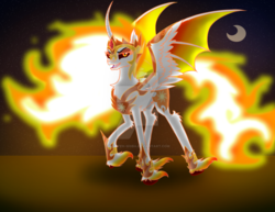 Size: 1024x791 | Tagged: safe, artist:fluffeh-shiba, daybreaker, alicorn, pony, g4, armor, colored fetlocks, crescent moon, curved horn, female, horn, hybrid wings, looking at you, mane of fire, mare, moon, night, solo, spread wings, unshorn fetlocks, walking, watermark, wings