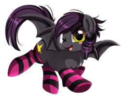 Size: 2950x2350 | Tagged: safe, artist:pridark, oc, oc only, bat pony, pony, bat pony oc, clothes, female, high res, looking at you, mare, one eye closed, raffle winner, simple background, smiling, socks, stockings, striped socks, thigh highs, transparent background, wink