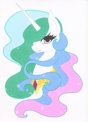 Size: 1275x1750 | Tagged: safe, artist:ocean-drop, princess celestia, alicorn, pony, g4, bust, ethereal mane, eyelashes, female, jewelry, looking at you, regalia, simple background, solo, starry mane, white background