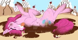 Size: 1024x533 | Tagged: safe, artist:jocossie, pinkie pie, earth pony, pony, g4, chocolate, cream, cutie mark, dirty, female, food, licking, licking lips, lying down, lying on the ground, pleased, solo, tongue out, watermark, whipped cream