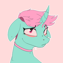 Size: 1024x1024 | Tagged: safe, artist:fizzlesoda2000, oc, oc only, pony, unicorn, bust, curved horn, femboy, floppy ears, horn, looking at you, male, pink background, simple background, solo, stallion