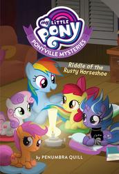 Size: 963x1397 | Tagged: safe, apple bloom, lilymoon, penumbra quill, rainbow dash, scootaloo, sweetie belle, earth pony, pegasus, pony, unicorn, g4, my little pony: ponyville mysteries, riddle of the rusty horseshoe, apple bloom's bow, book, book cover, bow, cover, cute, cutie mark, cutie mark crusaders, female, filly, hair bow, lamp, mare, open mouth, pillow, sleeping bag, sleepover, slumber party, the cmc's cutie marks
