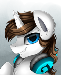 Size: 1446x1764 | Tagged: safe, artist:pridark, oc, oc only, oc:flame runner, pony, unicorn, blue eyes, bust, chest fluff, commission, headphones, looking at you, male, portrait, solo