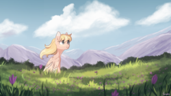Size: 1024x576 | Tagged: safe, artist:worldlofldreams, oc, oc only, pony, flower, flowing mane, grass, mountain, scenery, smiling, solo