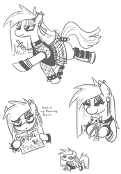 Size: 712x1024 | Tagged: safe, artist:jargon scott, oc, oc only, oc:nada phase, earth pony, pony, album, ankh, boots, bracelet, clothes, cute, dialogue, ear piercing, earring, eyeshadow, female, fishnet stockings, goth, grayscale, hoof hold, jewelry, lipstick, looking at you, makeup, mare, monochrome, necklace, piercing, plaid, plaid skirt, shoes, simple background, skirt, skirt lift, solo, spiked wristband, white background, wristband