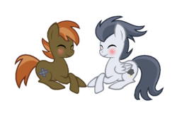 Size: 769x500 | Tagged: safe, artist:caecii, artist:darbypop1, button mash, rumble, pony, g4, base used, blushing, eyes closed, gay, male, older, prone, ship:rumblemash, shipping, simple background, smiling, stallion, transparent background