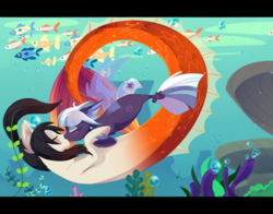 Size: 1600x1254 | Tagged: safe, oc, oc:jack, fish, merpony, duo, eyes closed, kissing, underwater