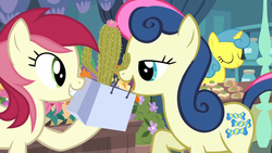 Size: 1920x1080 | Tagged: safe, screencap, bon bon, lemon hearts, roseluck, sweetie drops, pony, g4, marks for effort, cactus, this will end in pain