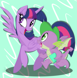 Size: 1000x1014 | Tagged: safe, artist:emositecc, spike, twilight sparkle, alicorn, dragon, pony, g4, abstract background, book, cutie mark, horn, open mouth, smiling, twilight sparkle (alicorn), winged spike, wings