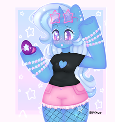 Size: 3200x3400 | Tagged: safe, artist:bunxl, trixie, unicorn, anthro, semi-anthro, g4, arm hooves, boob window, clothes, cute, diatrixes, female, fishnet stockings, heart eyes, heart shaped boob window, high res, lipstick, shirt, shorts, solo, starry eyes, sunglasses, wingding eyes
