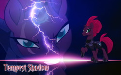 Size: 2560x1600 | Tagged: safe, edit, fizzlepop berrytwist, tempest shadow, pony, unicorn, g4, broken horn, eye scar, horn, lightning, pretty pretty tempest, raised hoof, scar, smiling, sparking horn, thunder, wallpaper