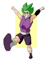 Size: 550x690 | Tagged: safe, artist:valo-son, spike, human, g4, armpits, green hair, looking at you, male, raised leg, smiling, solo, spiky hair