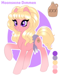 Size: 950x1191 | Tagged: safe, artist:silkensaddle, oc, oc only, oc:moonshine dimmer, earth pony, pony, alcohol, blonde, moonshine, raised hoof, simple background, solo, transparent background