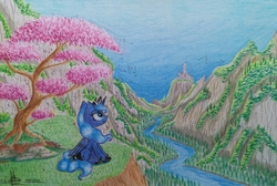 Size: 2728x1833 | Tagged: safe, artist:ironbeastz, princess luna, alicorn, pony, g4, female, river, sitting, solo, traditional art, tree, valley