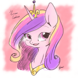 Size: 768x768 | Tagged: safe, artist:zoomiso, princess cadance, alicorn, pony, g4, bust, crown, female, jewelry, mare, necklace, peytral, regalia, simple background, smiling, solo