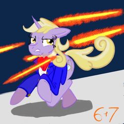 Size: 750x750 | Tagged: safe, artist:sixes&sevens, derpibooru exclusive, dinky hooves, pony, unicorn, g4, ascot, clothes, female, jacket, laser, older, running, solo