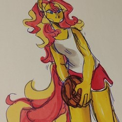 Size: 1458x1458 | Tagged: safe, artist:pappilie, sunset shimmer, anthro, g4, female, solo, traditional art