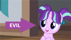 Size: 1280x720 | Tagged: safe, edit, edited screencap, screencap, starlight glimmer, pony, g4, uncommon bond, arrow, dialogue, evil, female, filly, filly starlight glimmer, solo, this will end in communism, younger