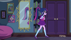 Size: 2208x1242 | Tagged: safe, screencap, sci-twi, spike, spike the regular dog, twilight sparkle, dog, equestria girls, g4, monday blues, my little pony equestria girls: summertime shorts, backpack, belt, bowtie, clothes, discovery family logo, door, glasses, mary janes, mirror, ponytail, raised leg, sci-twi outfits, skirt, socks