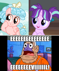 Size: 1204x1444 | Tagged: safe, edit, edited screencap, screencap, cozy glow, starlight glimmer, g4, marks for effort, uncommon bond, cozybetes, cute, evil, female, filly, filly starlight glimmer, mermaid man, mermaid man and barnacle boy, spongebob squarepants, younger