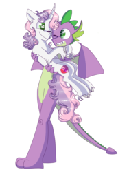 Size: 2100x2800 | Tagged: dead source, safe, artist:lolwise, spike, sweetie belle, dragon, g4, carrying, cloven hooves, curly mane, curly tail, female, fluffy, high res, male, older, older spike, ship:spikebelle, shipping, simple background, straight, transparent background, unshorn fetlocks, winged spike, wings