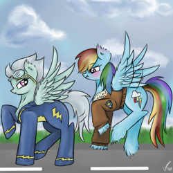 Size: 2830x2830 | Tagged: safe, artist:vinviasshine, fleetfoot, rainbow dash, g4, blushing, clothes, cloud, cloudy, commissioner:fleetfoot, eyes on the prize, female, fleetdash, high res, jacket, lesbian, shipping, teasing, uniform, wonderbolts, wonderbolts headquarters, wonderbolts uniform