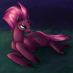 Size: 2000x2000 | Tagged: safe, artist:star-dragon-art, fizzlepop berrytwist, tempest shadow, pony, unicorn, g4, my little pony: the movie, broken horn, cutie mark, eye scar, female, grass, high res, horn, lidded eyes, mare, night, on side, scar, smiling, solo, tempest's cutie mark