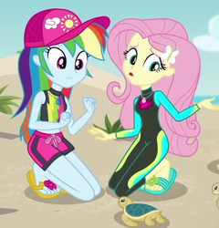 Size: 506x526 | Tagged: safe, screencap, fluttershy, rainbow dash, turtle, aww... baby turtles, equestria girls, g4, my little pony equestria girls: better together, clothes, cropped, cute, dashabetes, feet, female, flip-flops, fluttershy's wetsuit, heel pop, sandals, swimsuit, wetsuit