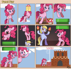 Size: 1400x1358 | Tagged: safe, artist:solar-slash, derpy hooves, pinkie pie, earth pony, pegasus, pony, g4, comic, female, fire, mare, panel play, super mario bros.