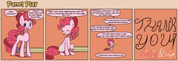 Size: 1400x489 | Tagged: safe, artist:solar-slash, pinkie pie, earth pony, pony, g4, comic, female, mare, panel play, sitting, smiling, solo, tongue out