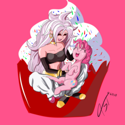 Size: 1500x1500 | Tagged: safe, artist:asajiopie01, pinkie pie, g4, android 21, crossover, cupcake, dragon ball, dragon ball fighterz, dragon ball super, eyes closed, food, majin android 21, pinkie being pinkie, ponk, smiling, tickling