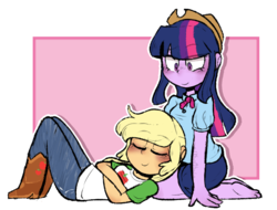 Size: 692x526 | Tagged: safe, artist:urbanqhoul, applejack, twilight sparkle, equestria girls, equestria girls series, g4, accessory swap, blushing, clothes, cute, eyes closed, female, head on lap, lesbian, ship:twijack, shipping, simple background, smiling, transparent background