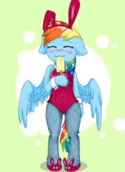 Size: 2250x3084 | Tagged: safe, artist:yunyeyoung, rainbow dash, pegasus, semi-anthro, g4, abstract background, bipedal, blushing, bunny ears, bunny suit, clothes, cuffs (clothes), cute, dashabetes, eyes closed, female, fishnet stockings, food, high res, ice cream, leotard, red leotard, solo, suggestive eating