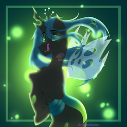 Size: 2000x2000 | Tagged: safe, artist:allisonbacker, queen chrysalis, changeling, changeling queen, g4, chest fluff, crown, ear fluff, eye clipping through hair, female, hair over one eye, high res, jewelry, looking at you, rearing, regalia, shoulder fluff, signature, solo, tongue out